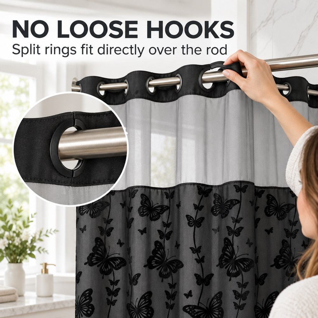 Hookless Double-Layer Shower Curtain with Snap-in Fabric Liner
