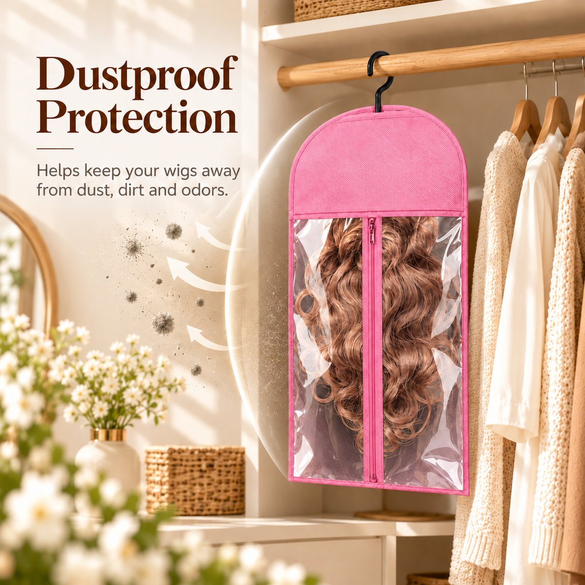 Closed pink wig storage bag hanging in closet illustrating reduced dust exposure