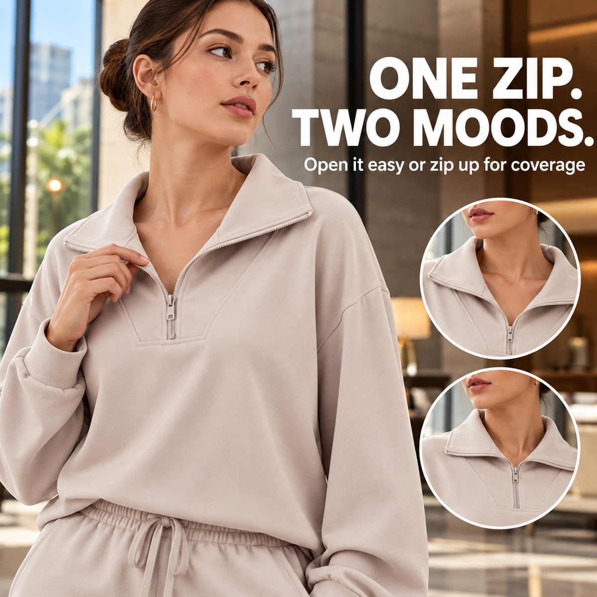 Women’s Half-Zip Two-Piece Sweatsuit – Wide-Leg Lounge Set