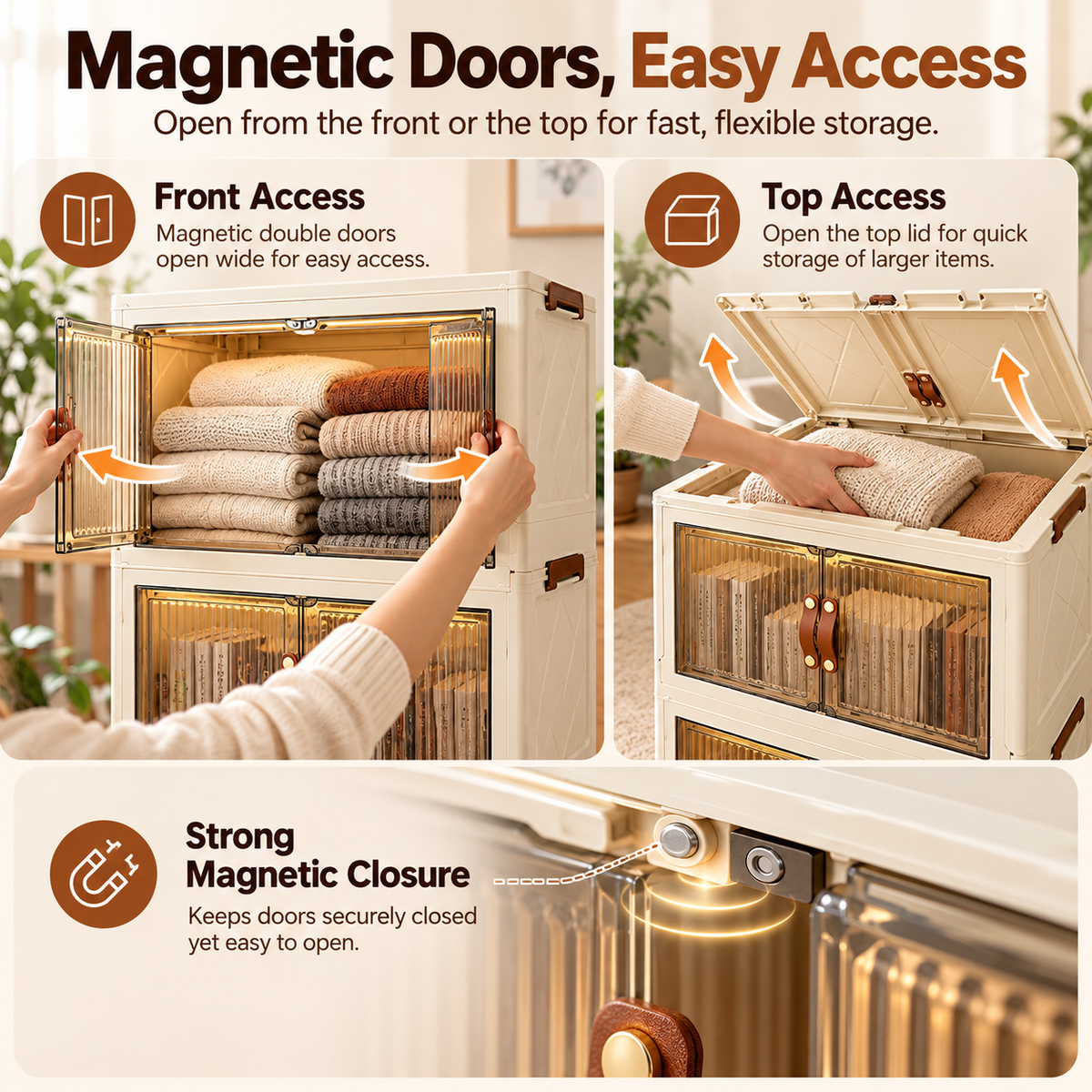Large Capacity Foldable Storage Cabinet with Magnetic Doors & Stackable Design