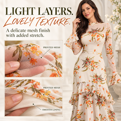 Vintage Floral Embroidered Mesh Long Sleeve Maxi Dress