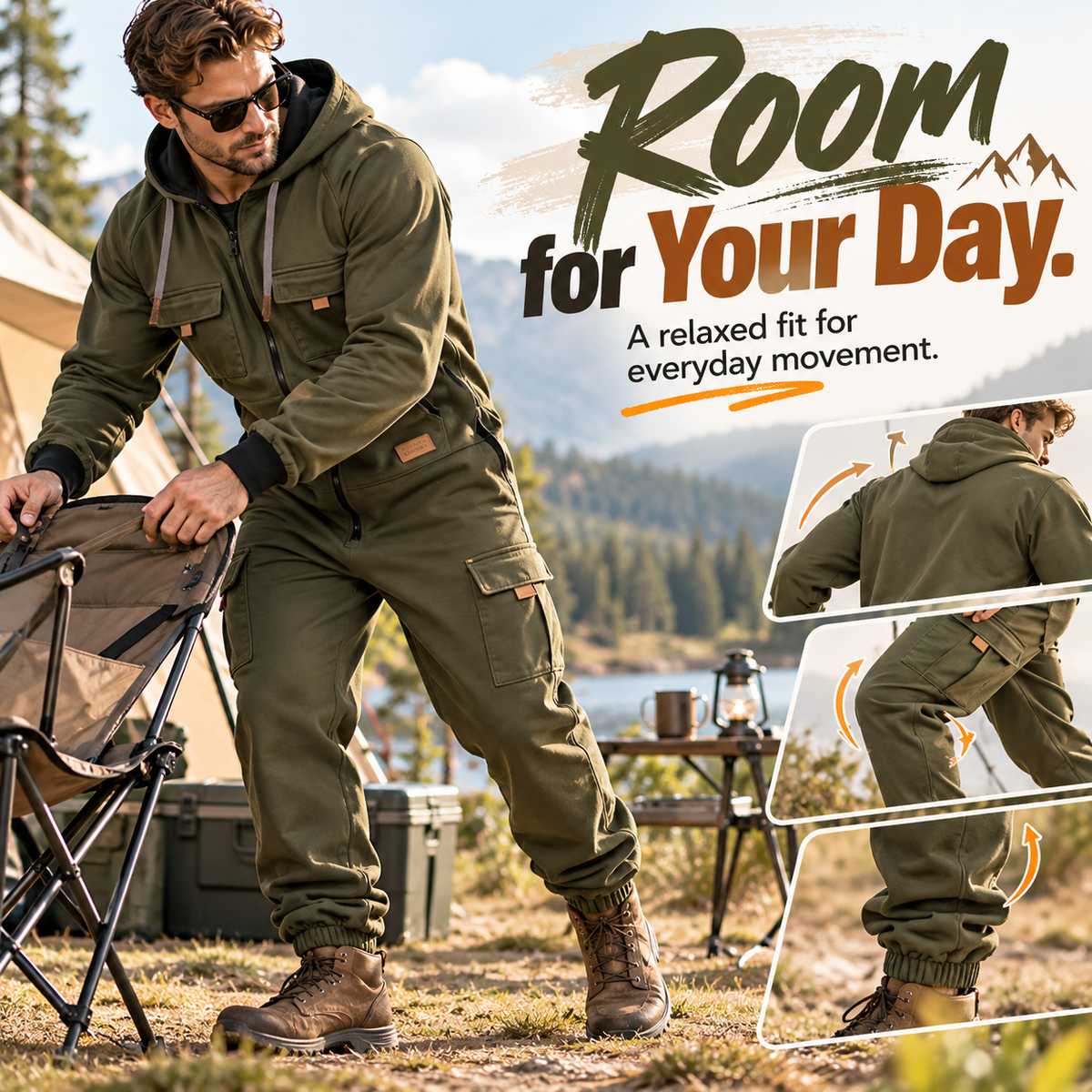 🛠️ Men's Utility Cargo Jumpsuit – Hooded Zip-Front One-Piece Workwear with Multiple Pockets