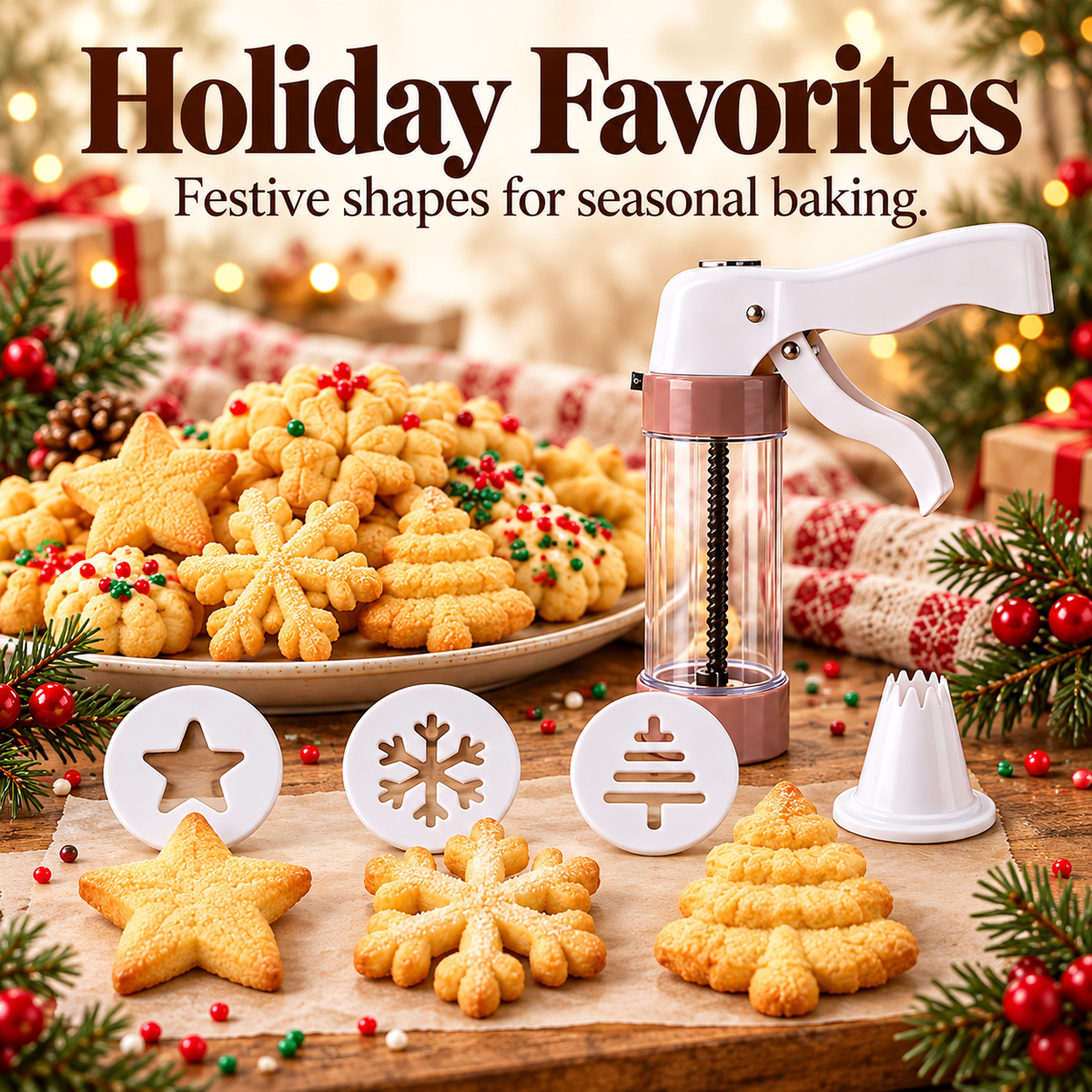 Christmas cookie shapes made with interchangeable cookie press discs