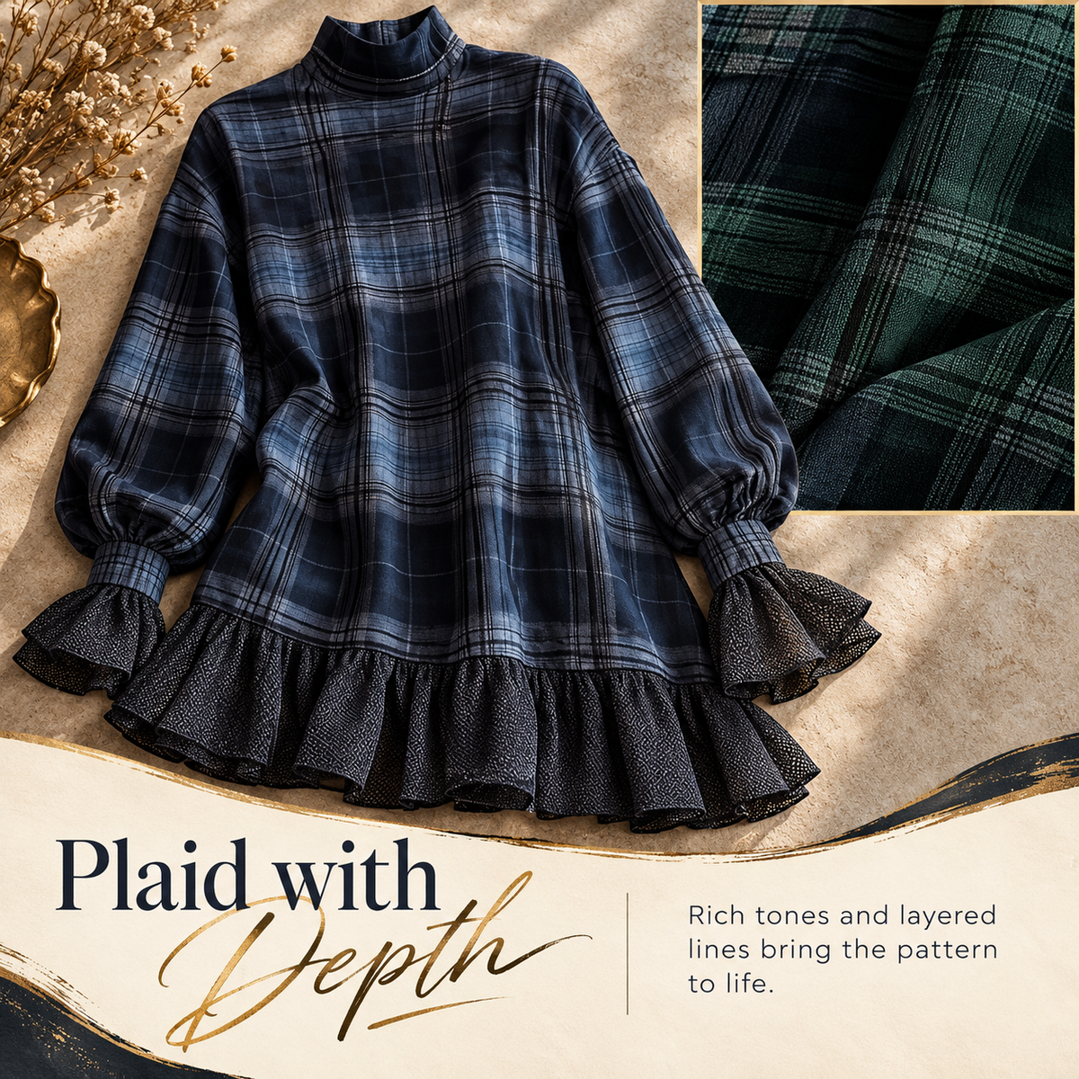 Women's Vintage Plaid Mini Dress – Mock Neck, Relaxed Fit & Ruffle Hem