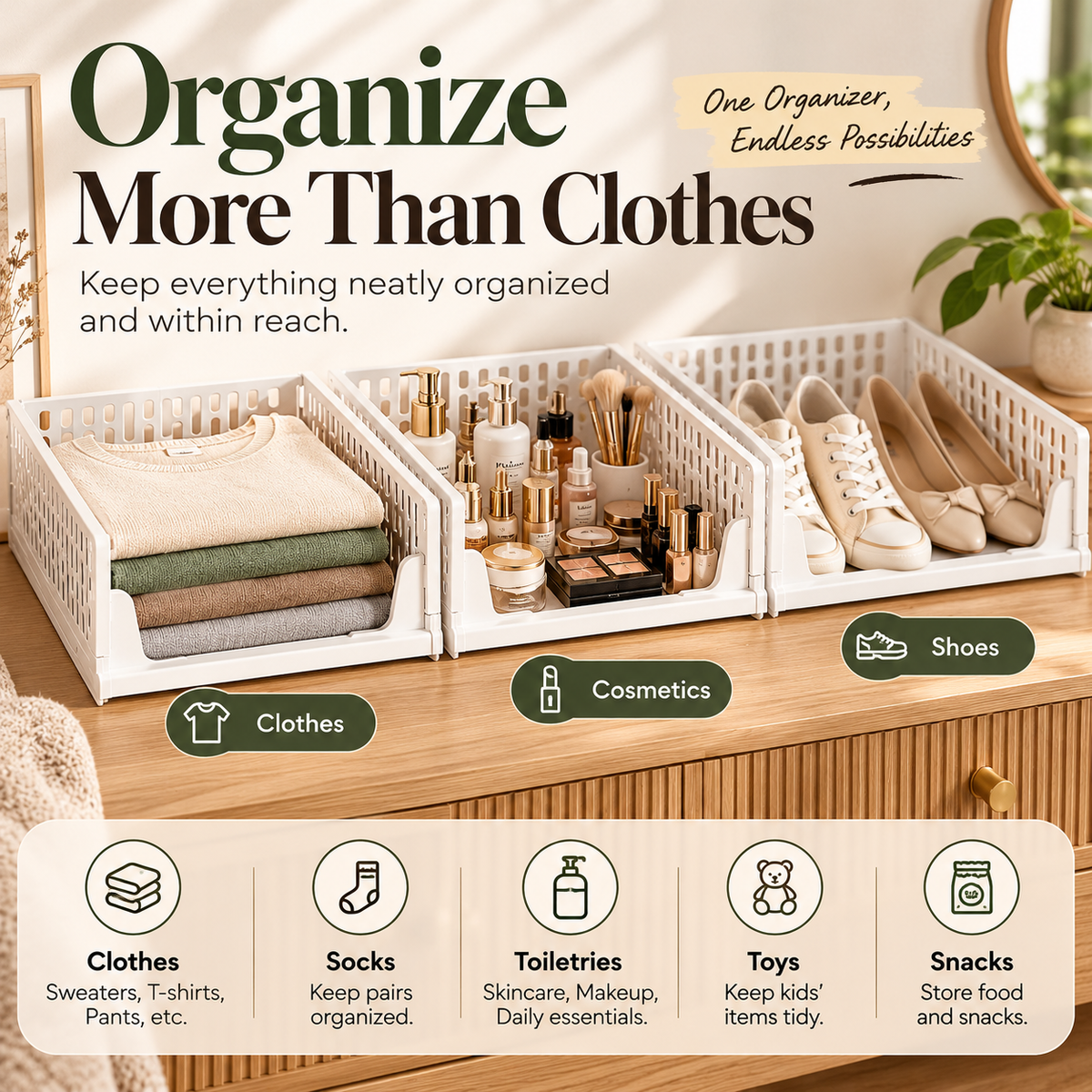 🧺 Stackable & Foldable Storage Basket – Space-Saving Closet Organizer