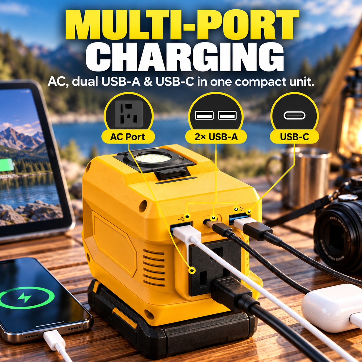220W Portable Power Inverter with USB-C, Dual USB Ports & LED Work Light