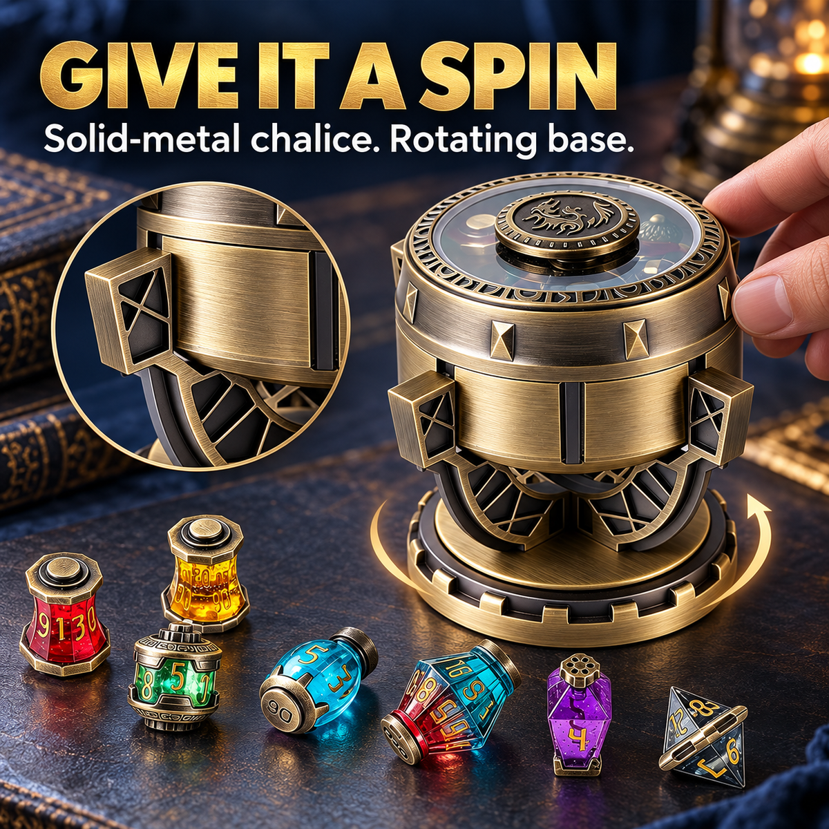 Alchemist’s Metallic Elixir DND Dice Set with Spinning Chalice & Liquid-Core Potion Dice