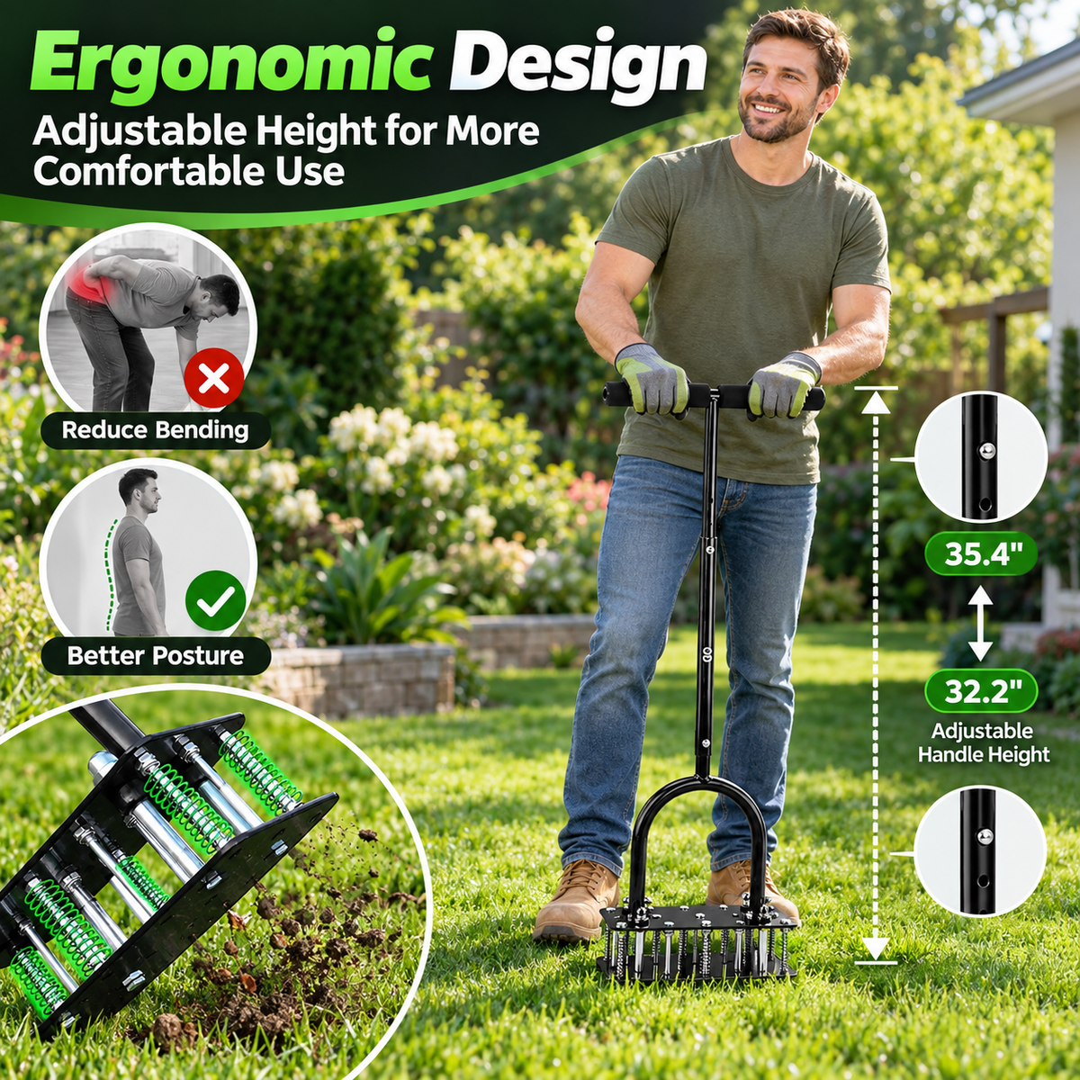 🌱 15-Spike Lawn Aerator – Adjustable Manual Soil Loosening Tool for Healthier, Greener Grass