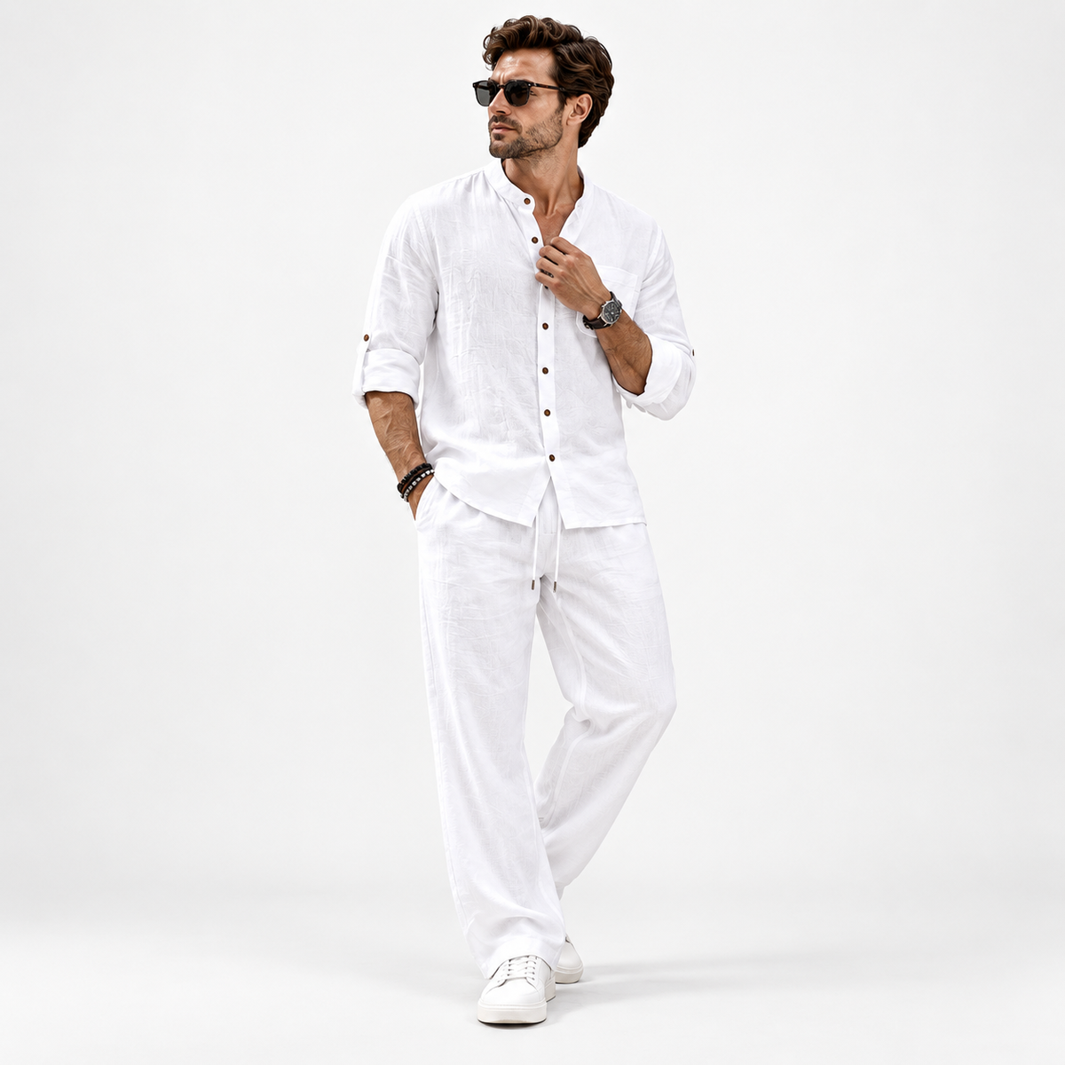 Men's Relaxed Mandarin Collar Shirt & Wide-Leg Pants Set