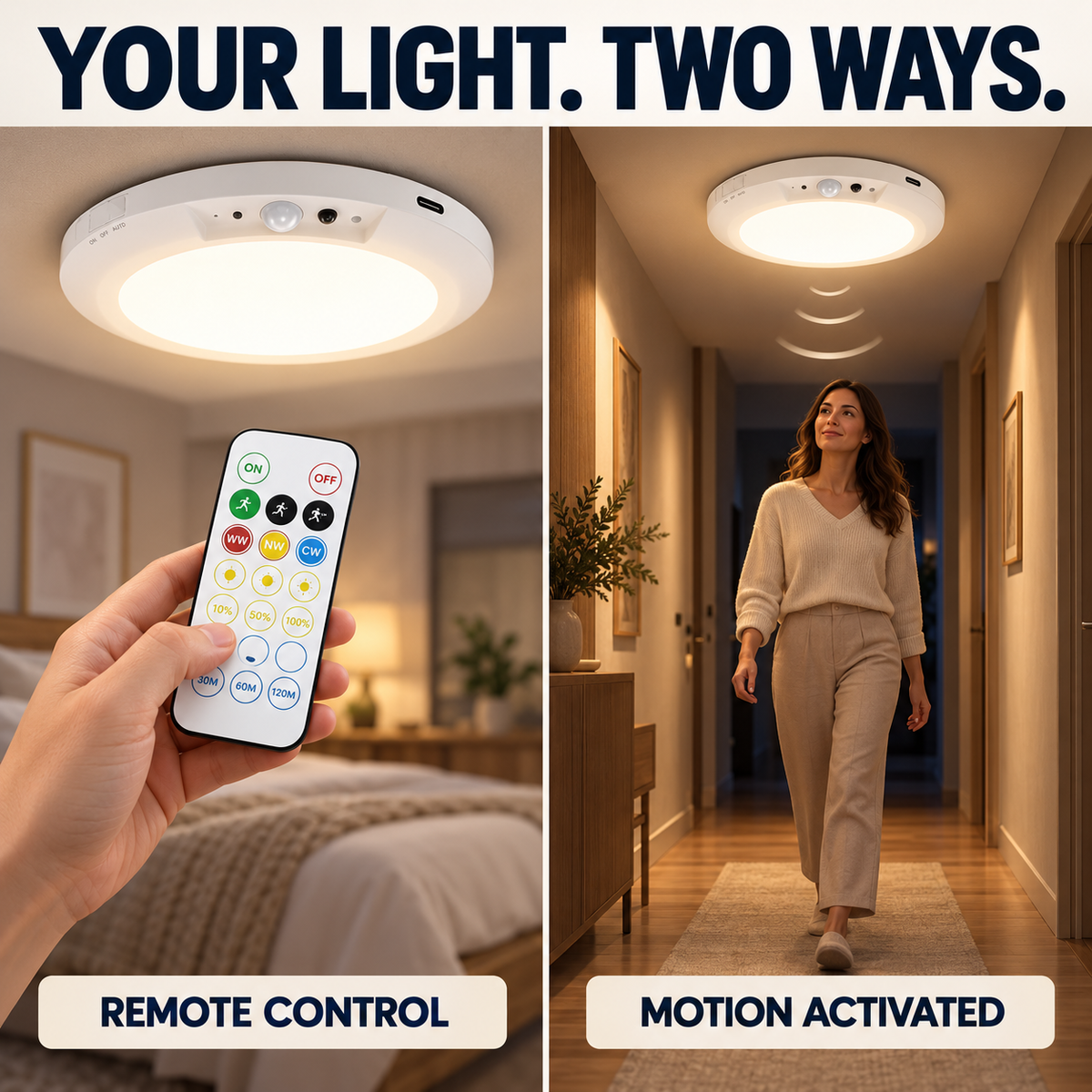 Rechargeable Motion Sensor Ceiling Lamp - Magnetic Ceiling Mount, Remote-Controlled