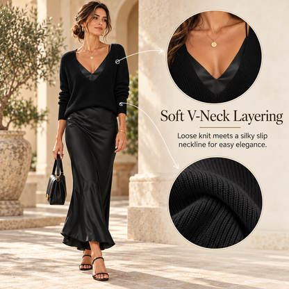 The 2-Piece Satin & Knit Midi Set | V-Neck Pullover & Slip Dress