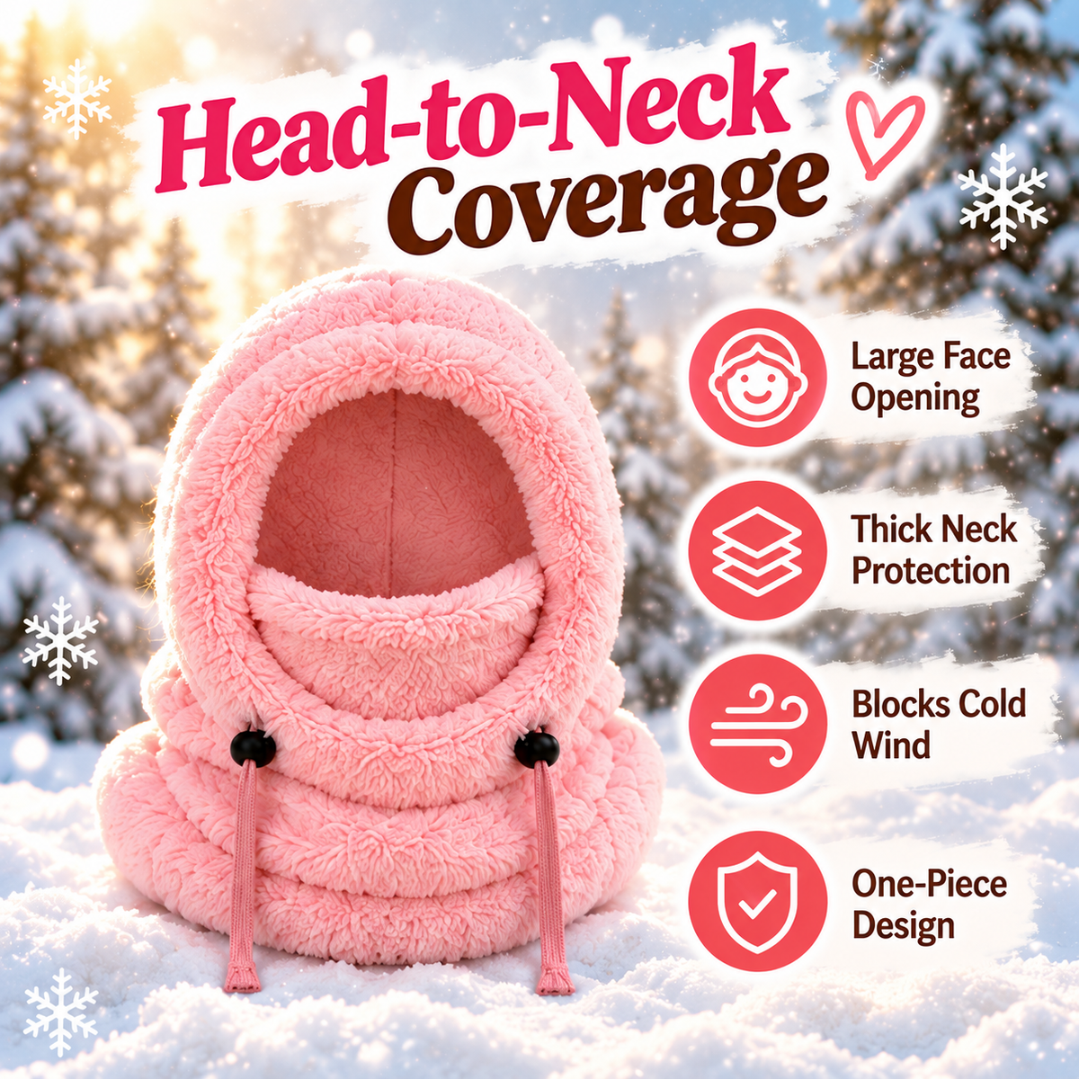 Standalone pink winter balaclava hood showing deep neck wrap and wide face opening