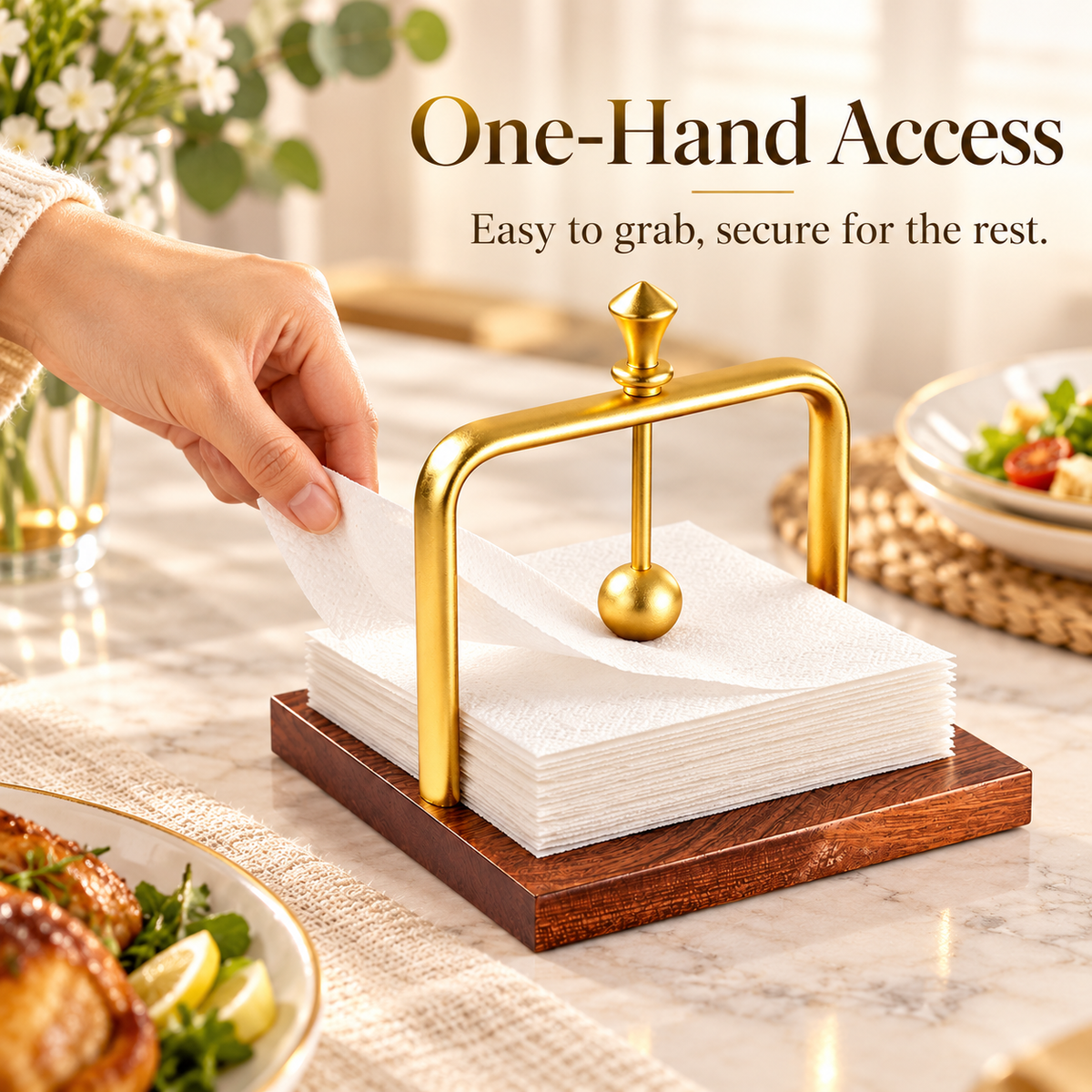 Gold & Wood Weighted Napkin Holder with Secure Arm