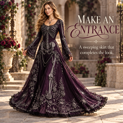 Women’s Gothic Skeleton & Rose Maxi Dress – Vintage Style, Flared Sleeves & Flowing Skirt for Halloween