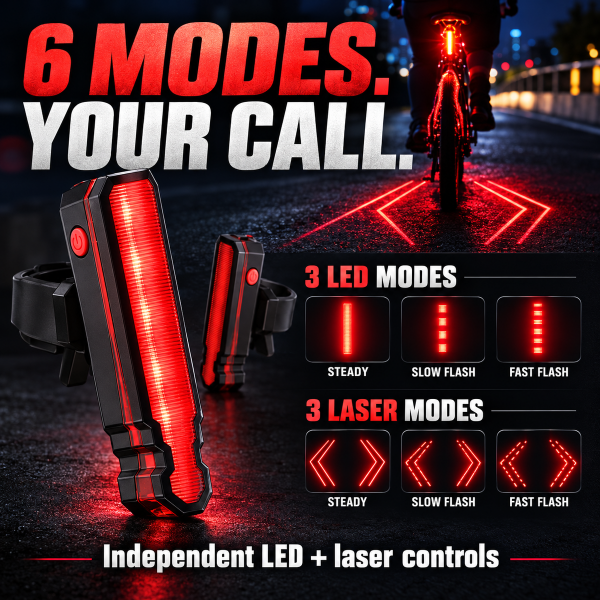 🚴 6-Mode USB Rechargeable LED Bike Tail Light with Laser Safety Lines