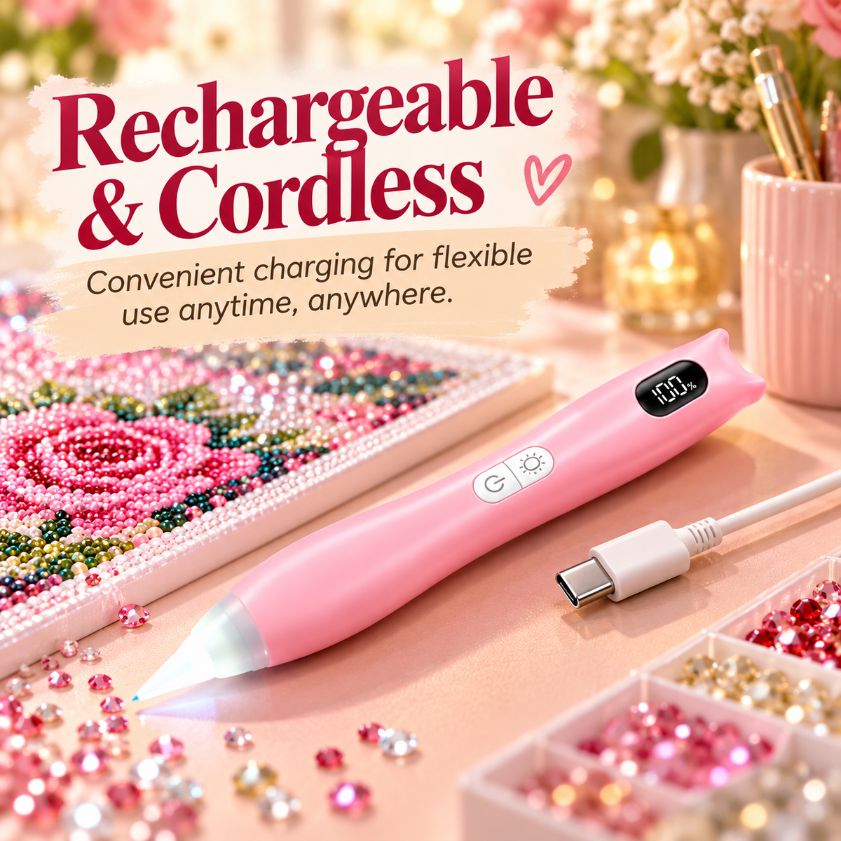 Rechargeable electric diamond painting pen with USB-C cable