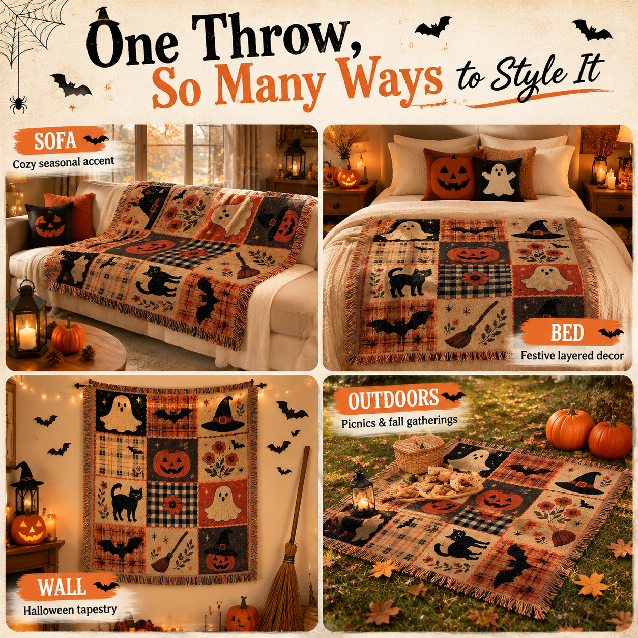 Haunted Harvest Halloween Patchwork Throw Blanket 🎃👻