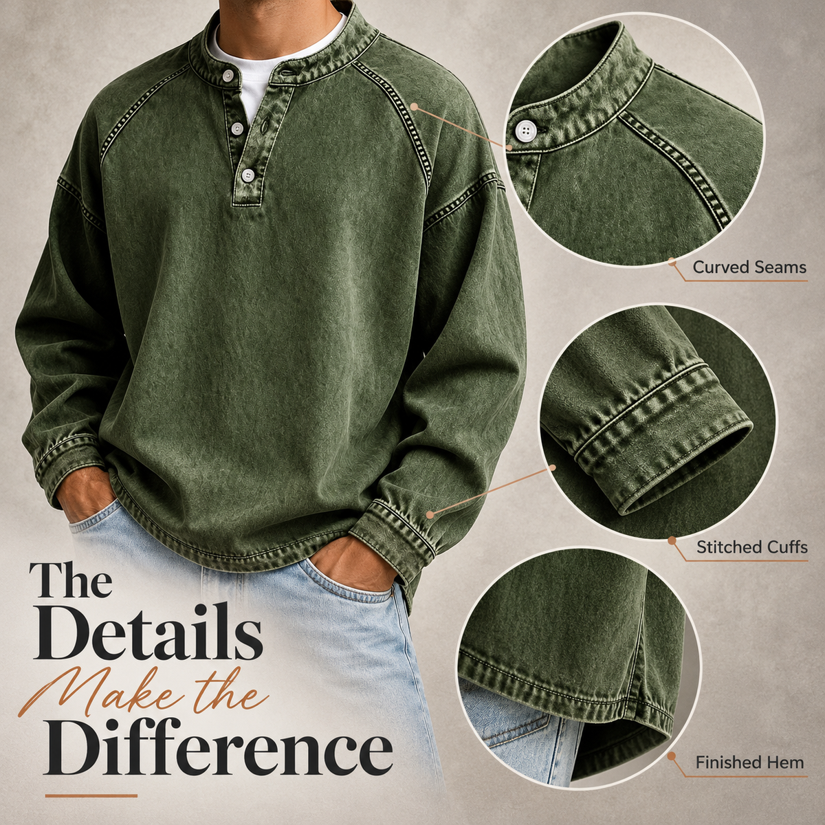Vintage Wash Henley Sweatshirt | Casual Loose Fit Long Sleeve Top