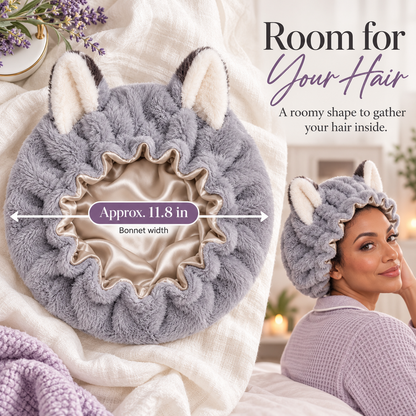🦊 Plush Fox Ear Sleep Bonnet – Satin Lined & Adjustable for Gentle Hair Care ✨