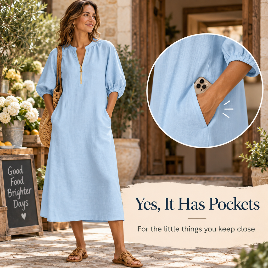 Women’s Casual Zip Neck Balloon Sleeve Maxi Dress with Pockets