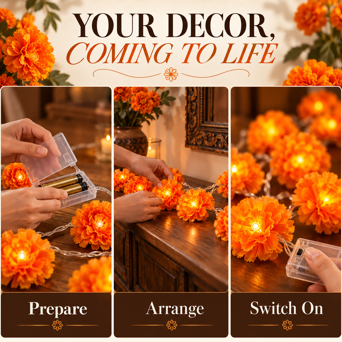 🎃 Marigold Flower String Lights – A Festive Glow for Fall & Day of the Dead 🌼