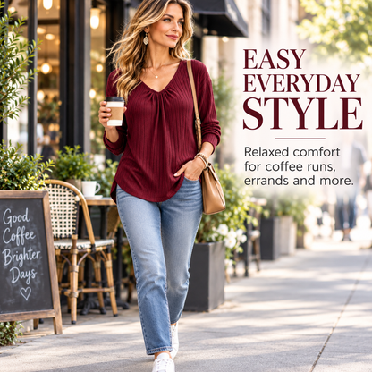 Women’s Ribbed V-Neck Relaxed Long Sleeve Top