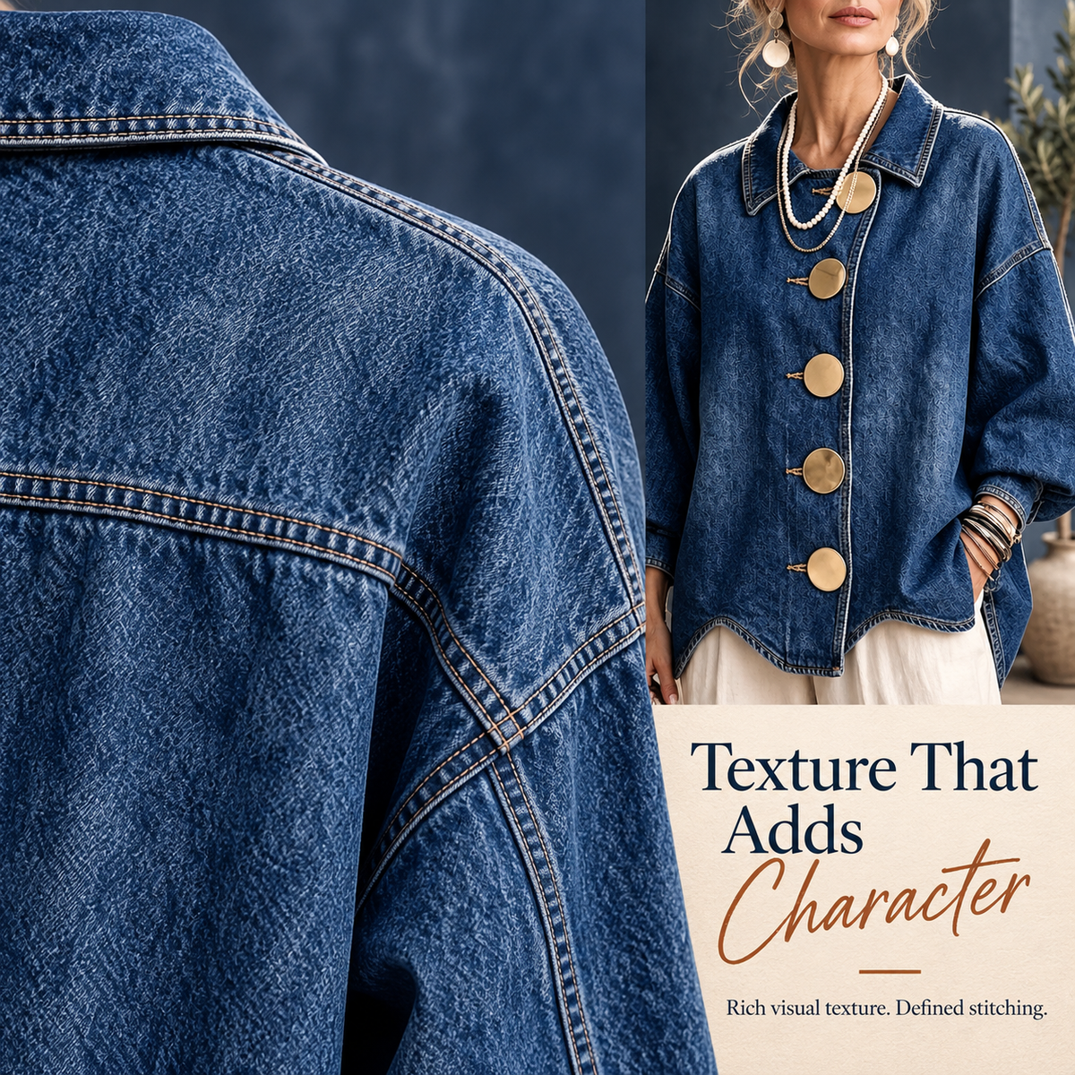 Boho Textured Denim Jacket - Loose Fit Lantern Sleeve Jacket with Oversized Gold Buttons