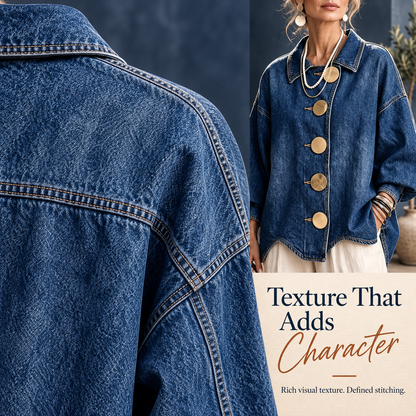 Boho Textured Denim Jacket - Loose Fit Lantern Sleeve Jacket with Oversized Gold Buttons
