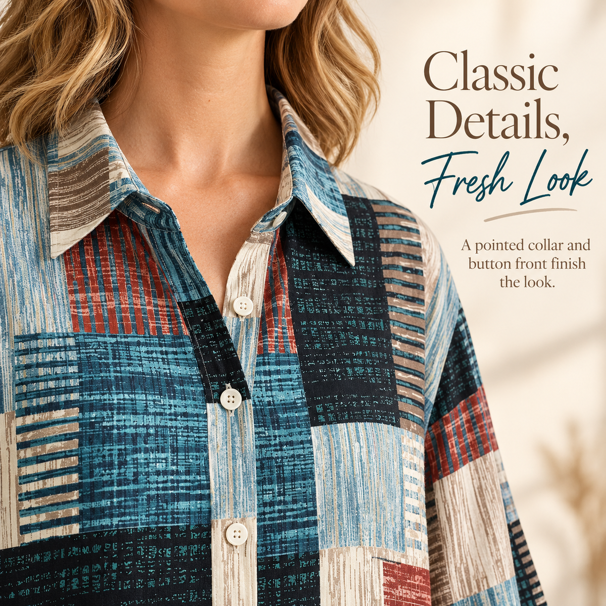 Women's Boho Abstract Colorblock Button-Up Shacket - Long Sleeve Mid-Length Coat