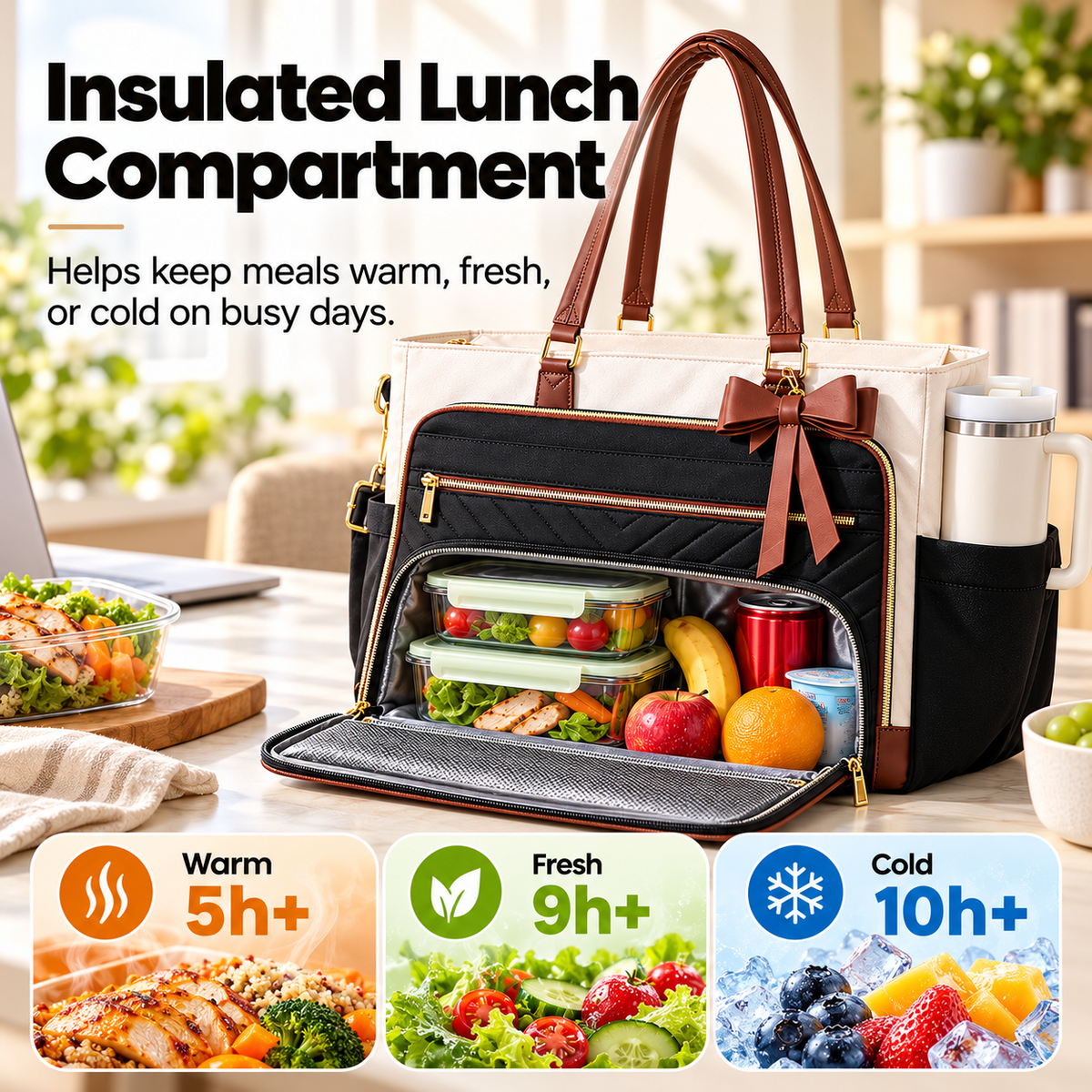 👜 2-in-1 Insulated Work Tote Bag with Lunch Compartment, 17.3" Laptop Sleeve & 40oz Cup Holder