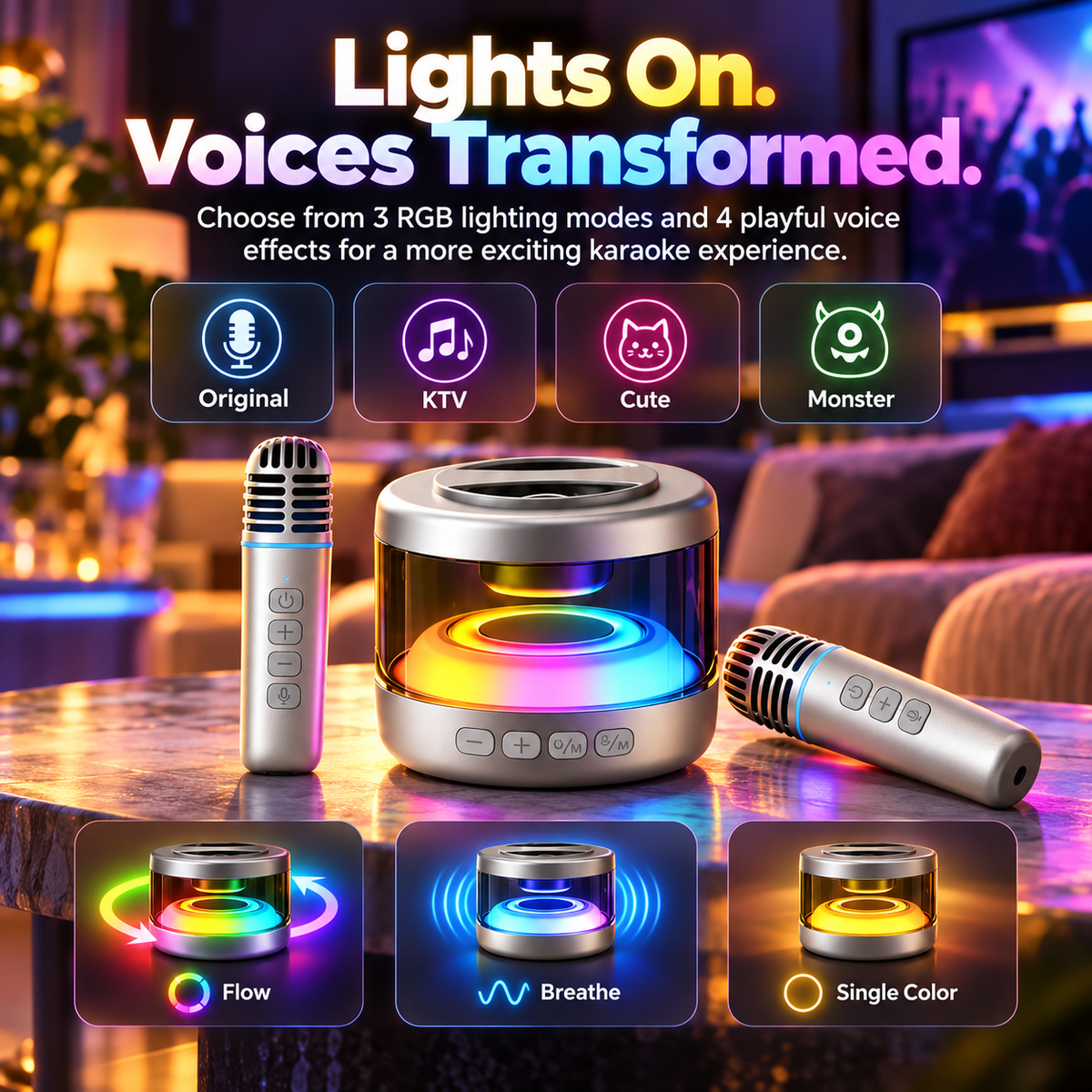 Portable Mini Karaoke Machine with Dual Wireless Microphones, 360° Sound & RGB Lights