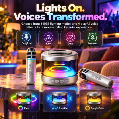 Portable Mini Karaoke Machine with Dual Wireless Microphones, 360° Sound & RGB Lights