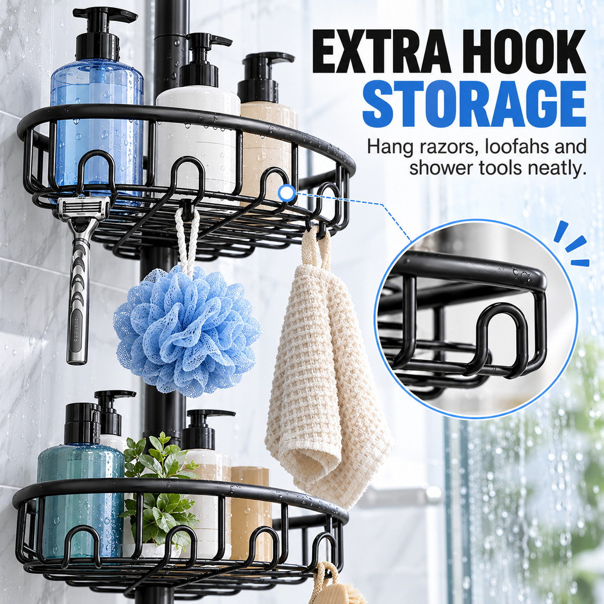 4-Tier Adjustable Corner Shower Caddy with Hooks