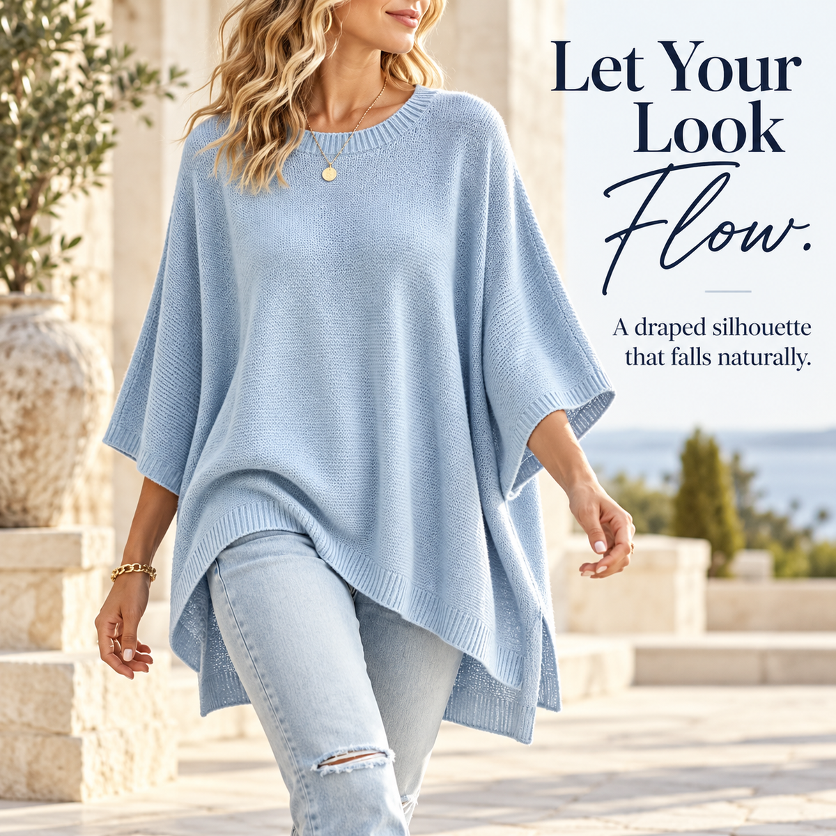 Everyday Relaxed Batwing Knit Sweater - Round Neck Oversized Pullover