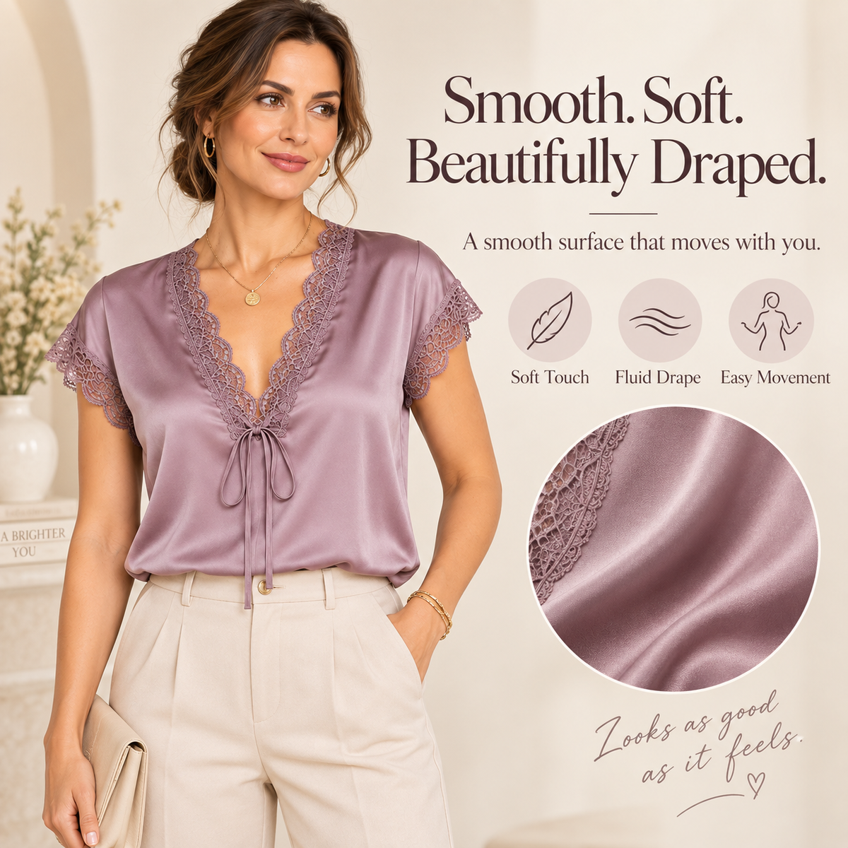 Women's Satin Lace V-Neck Blouse – Elegant Tie-Front Short Sleeve Top