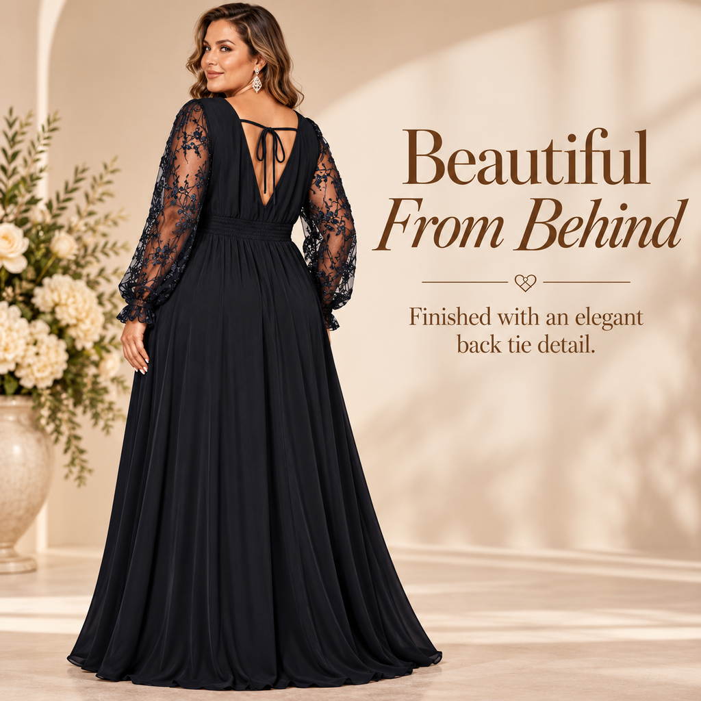 Plus Size Lace Sleeve Deep V-Neck A-Line Maxi Dress