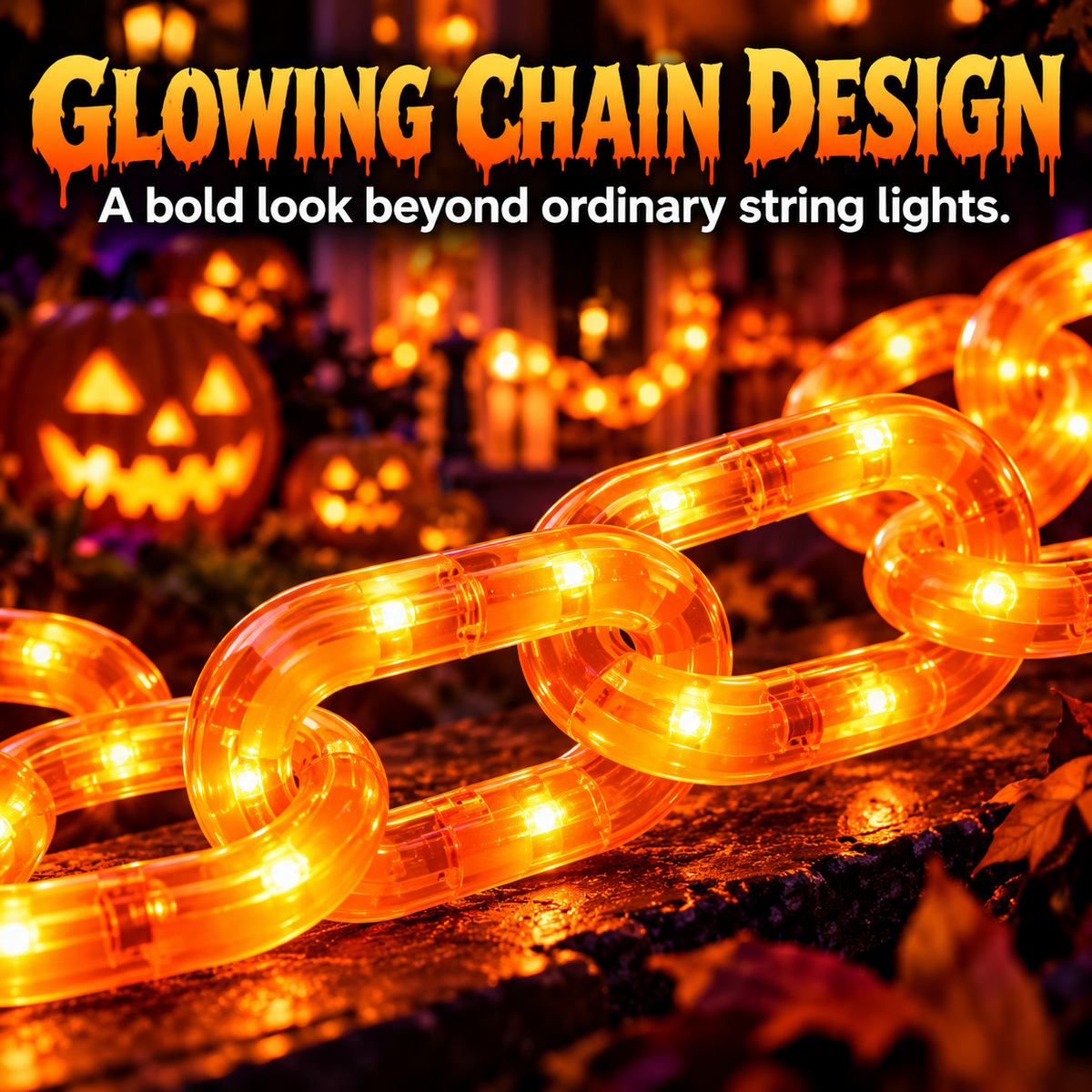 Close-up of transparent plastic Halloween chain links with glowing LEDs