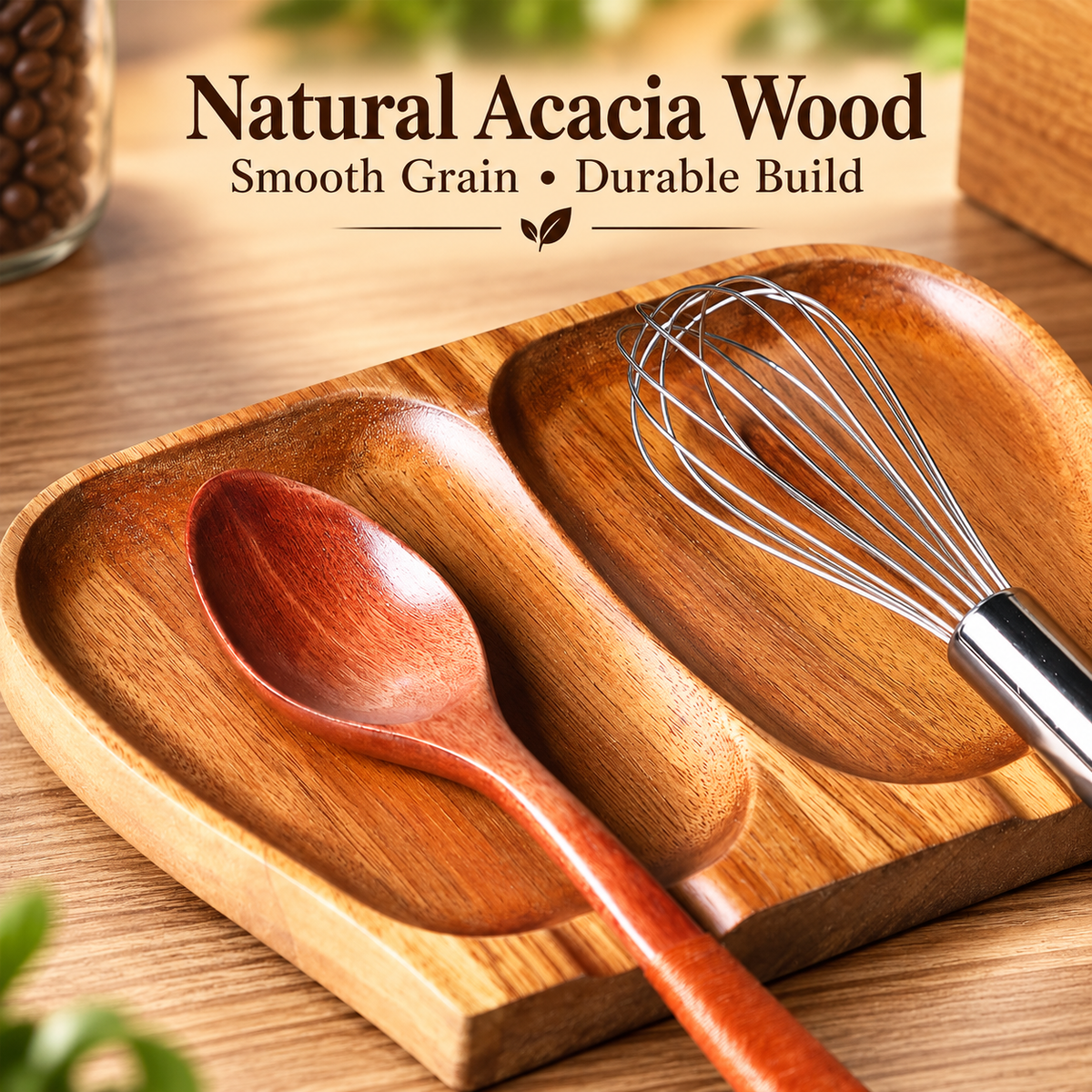 Acacia Wood Multi-Slot Utensil Rest – Countertop Spoon & Tool Holder