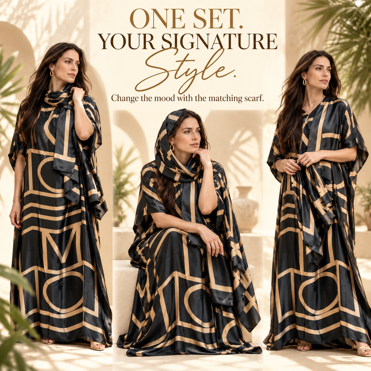 Printed Kaftan Maxi Dress & Matching Scarf Set