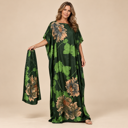 Printed Kaftan Maxi Dress & Matching Scarf Set