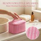Pink Striped Portable Makeup Bag with Built-In Mirror