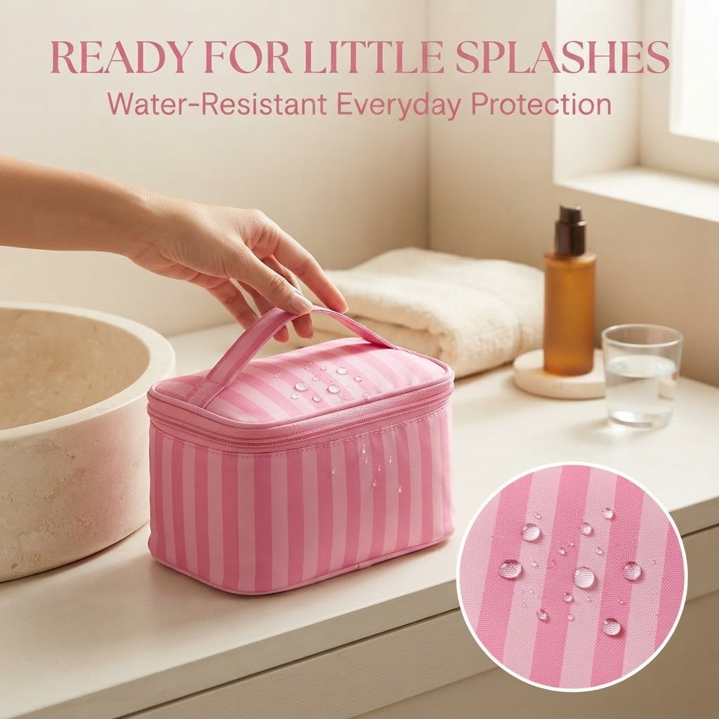 Pink Striped Portable Makeup Bag with Built-In Mirror
