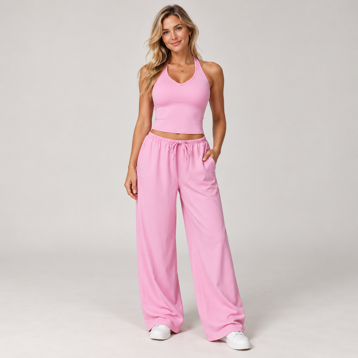 ✨ Women's Comfy 2-Piece Lounge Set – Halter Tank Top & Relaxed Wide Leg Pants