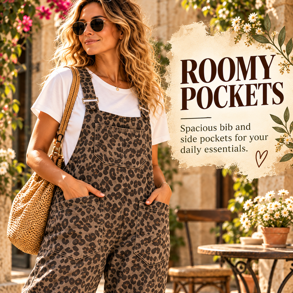Close-up showing front bib and roomy side pockets on leopard print overalls