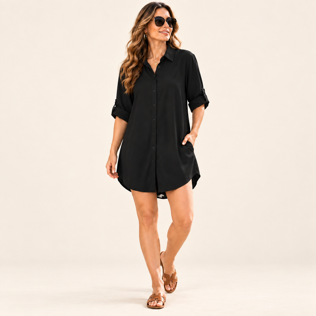 Women's Casual Longline Button-Down Tunic Shirt — Roll-Tab Long Sleeve Flowy Curved Hem Top