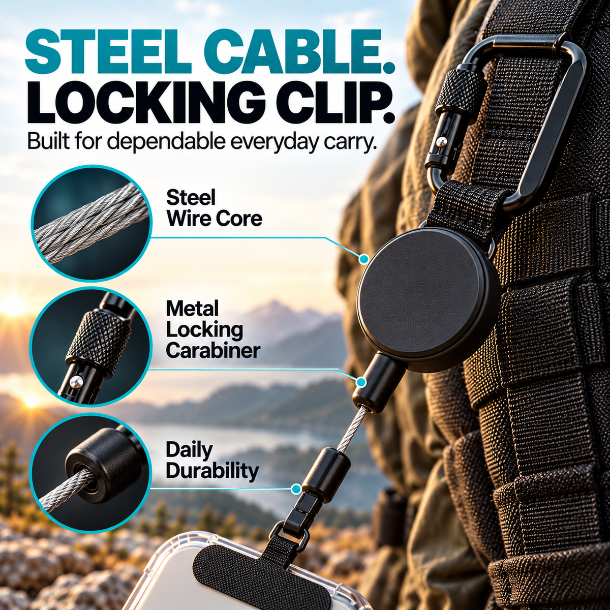 Retractable Steel Tether with Locking Carabiner – Secure Your Phone, Keys & Essentials Anywhere