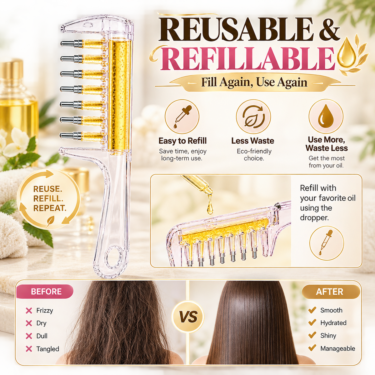 💧 Refillable Scalp Oil Applicator Comb – Precision Roller Massage for Easy, Even Hair Root Care