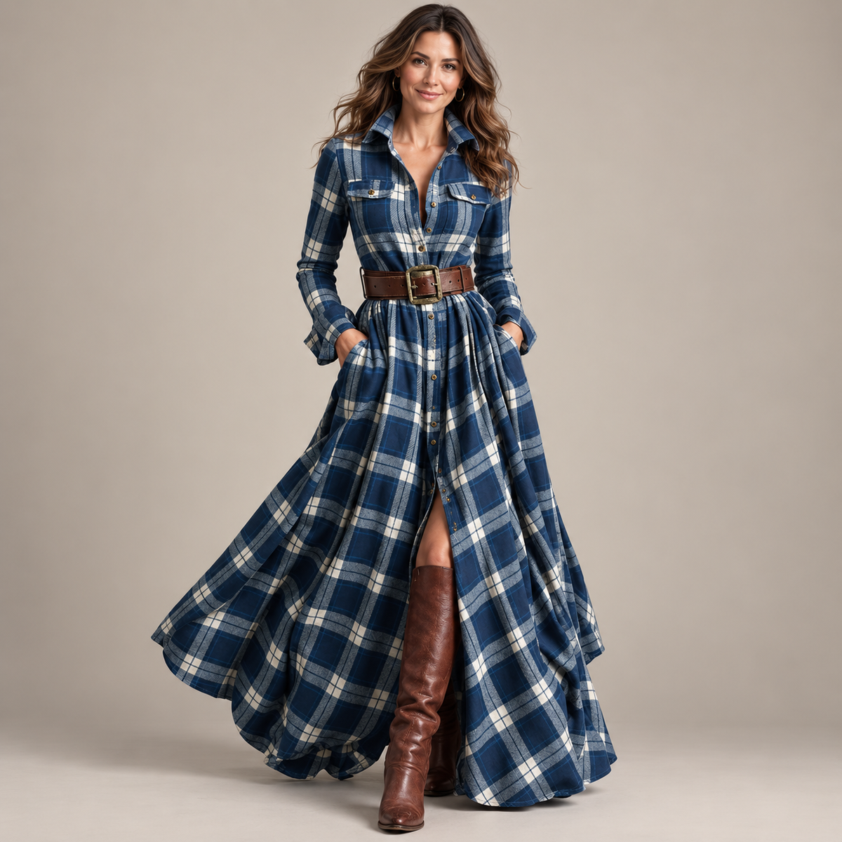 Vintage Plaid Button-Front Maxi Dress – Belt Included
