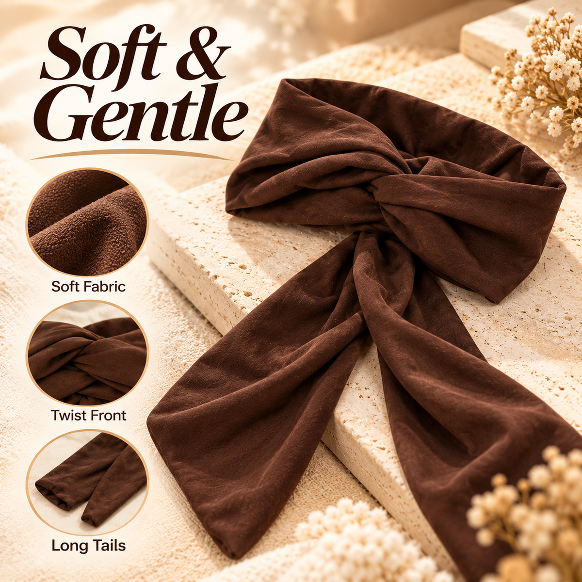 Close-up of chocolate brown fabric curler and twisted front