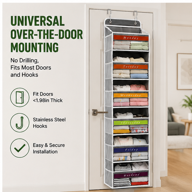 6-Tier Hanging Closet Organizer Over The Door Wardrobe Storage with Clear Card Slot